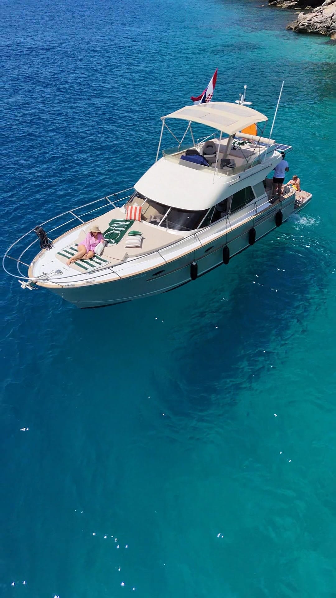 Aerial view of Providenca anchored in the deep blue Adriatic