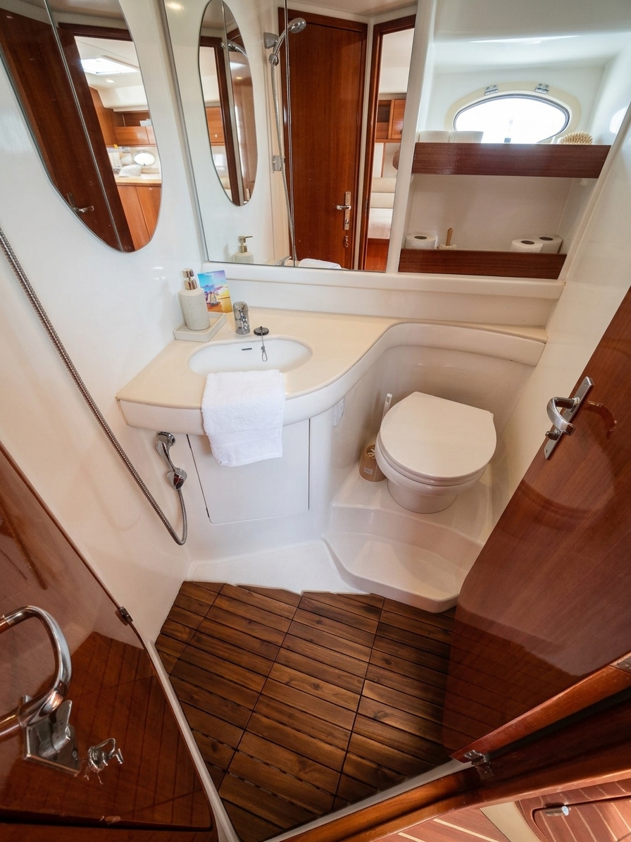 The onboard bathroom with teak flooring and full amenities