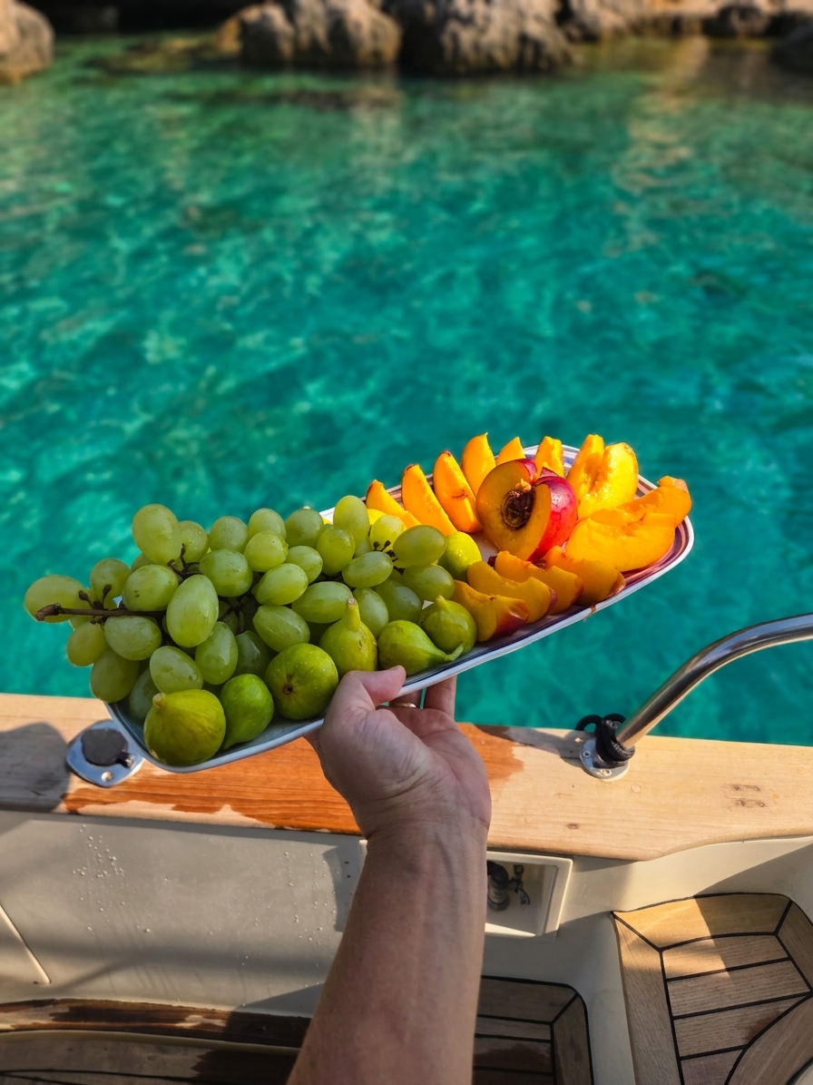 A platter of fresh grapes, figs and peaches held over the turquoise sea