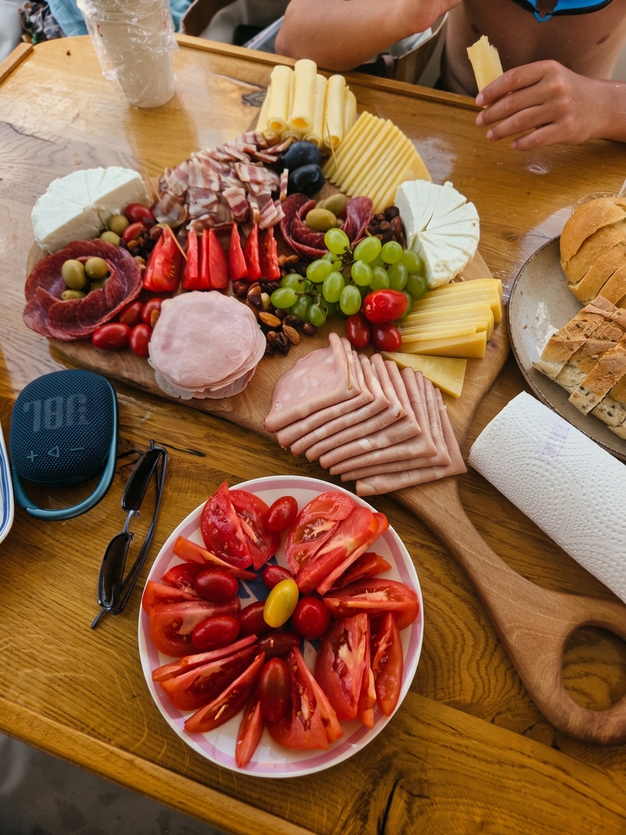 A charcuterie and cheese board shared on board during a tour